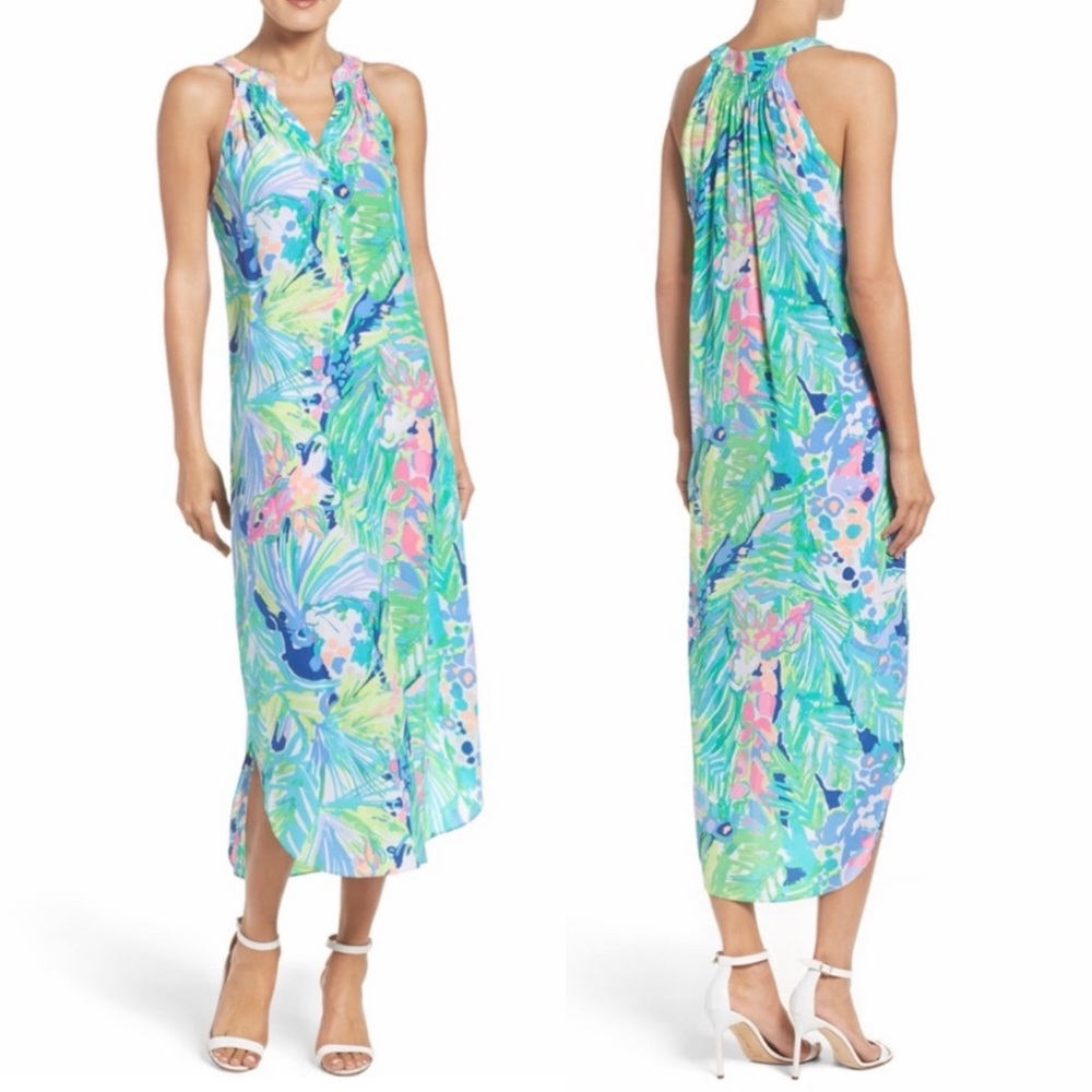 Lilly Pulitzer Bailey Floral Giraffe Silk Maxi Dress Serene Blue Paradise Bound